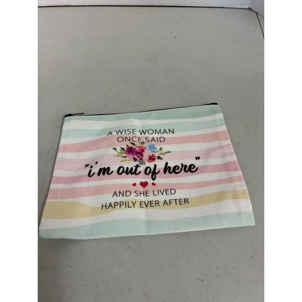 Wise‎ Woman Im Out Of Here Canvas Makeup Bag Pastel Striped Floral Pouch NWOT
